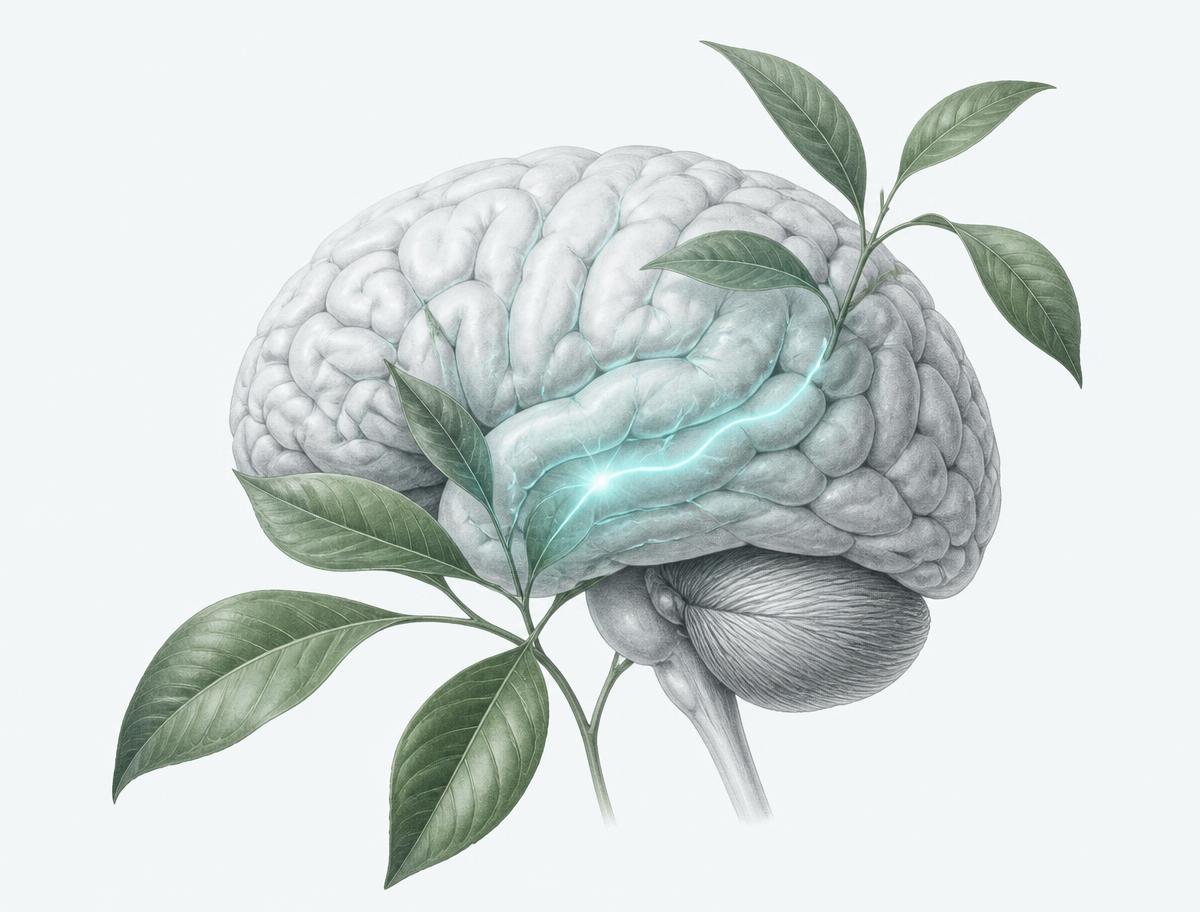 Anatomical brain intertwined with iboga leaves and a teal neural signal